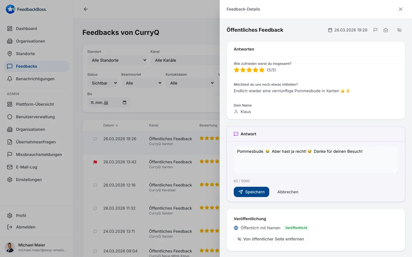 Feedback-Detail mit persönlicher Antwort