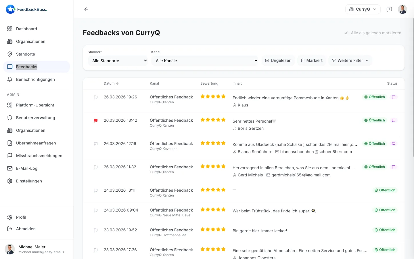 Feedback-Liste mit Moderation und Status-Badges